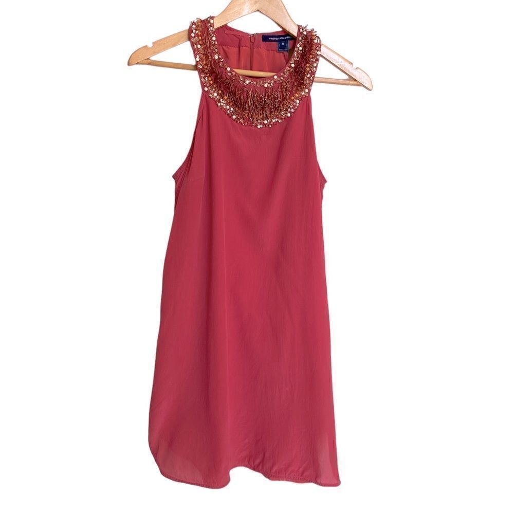 100% Silk French Connection Beaded Dress Size 8 Coral